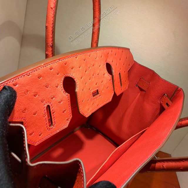 Hermes女包 愛馬仕Birkin30cm Hermes鉑金包 Ostrich鴕鳥皮 全手縫蠟線 S5 Rouge Tomate番茄紅  am1896